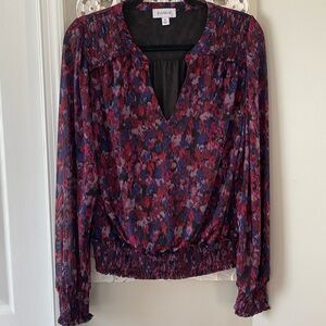 Evereve Floral Smocked Hem Blouse Top Feminine Fairy Chic Sheer Boho sz M